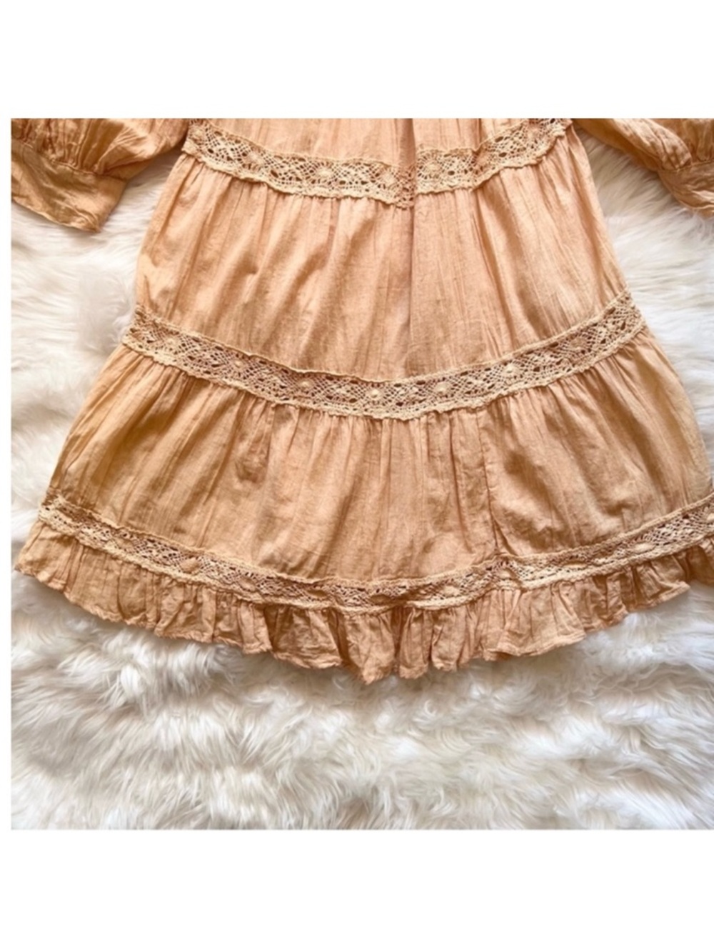 New! JEN'S PIRATE BOOTY Almond Lace Tiered Ruffled Mini Dress in Peachy Tan - Picture 11 of 12